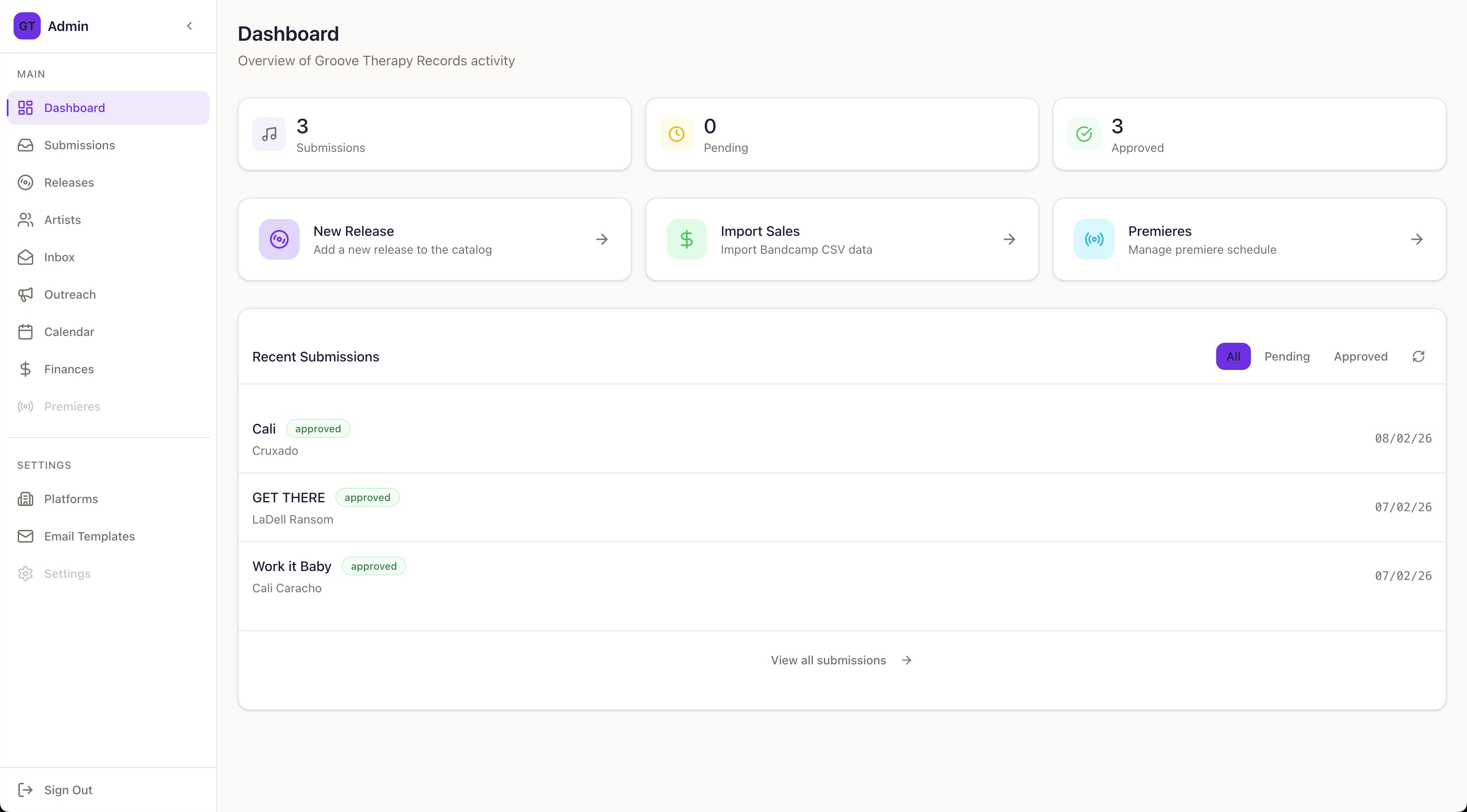 Groove Therapy admin dashboard — submissions, releases, and label management