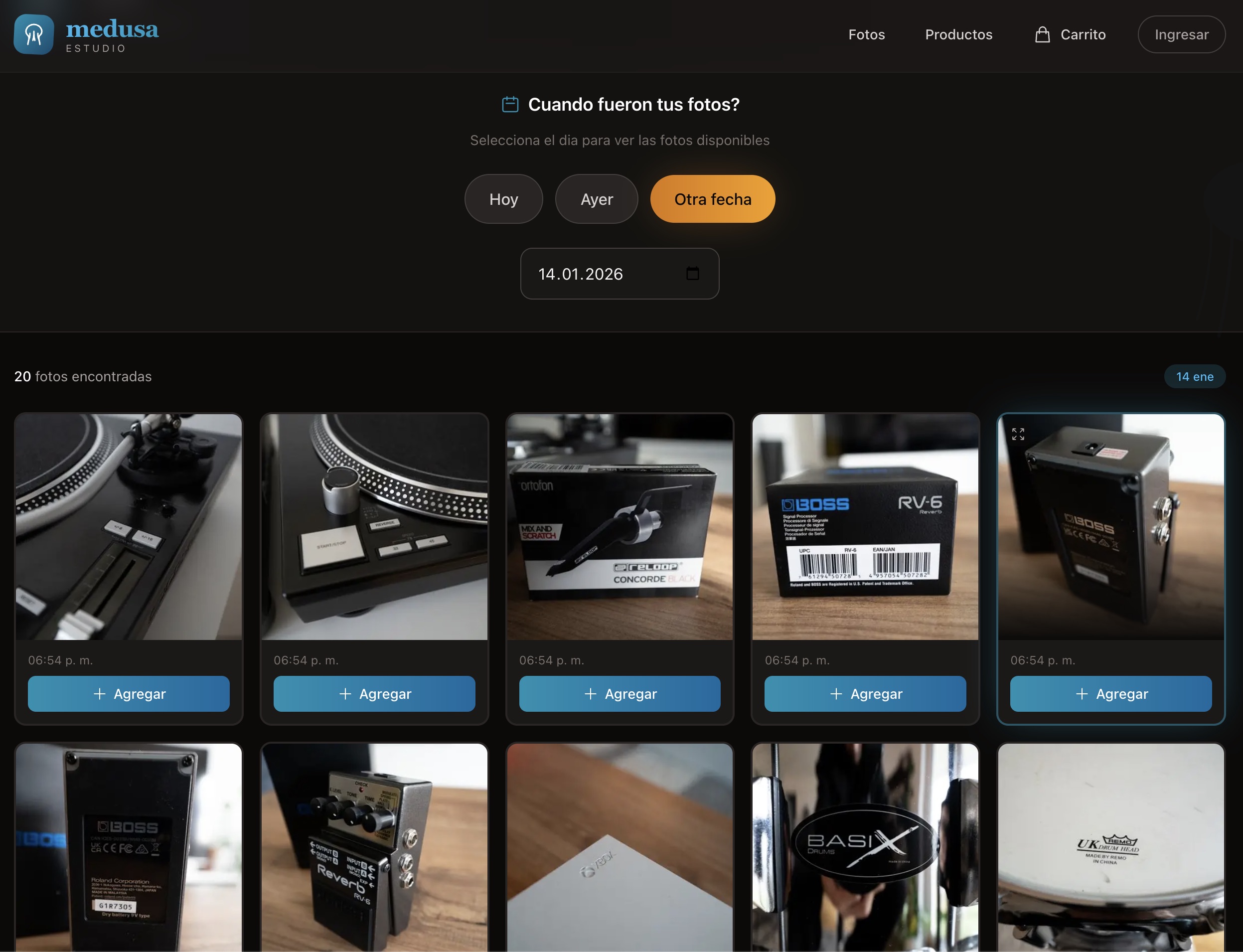 Medusa Estudio — customer photo gallery with date picker and shopping cart
