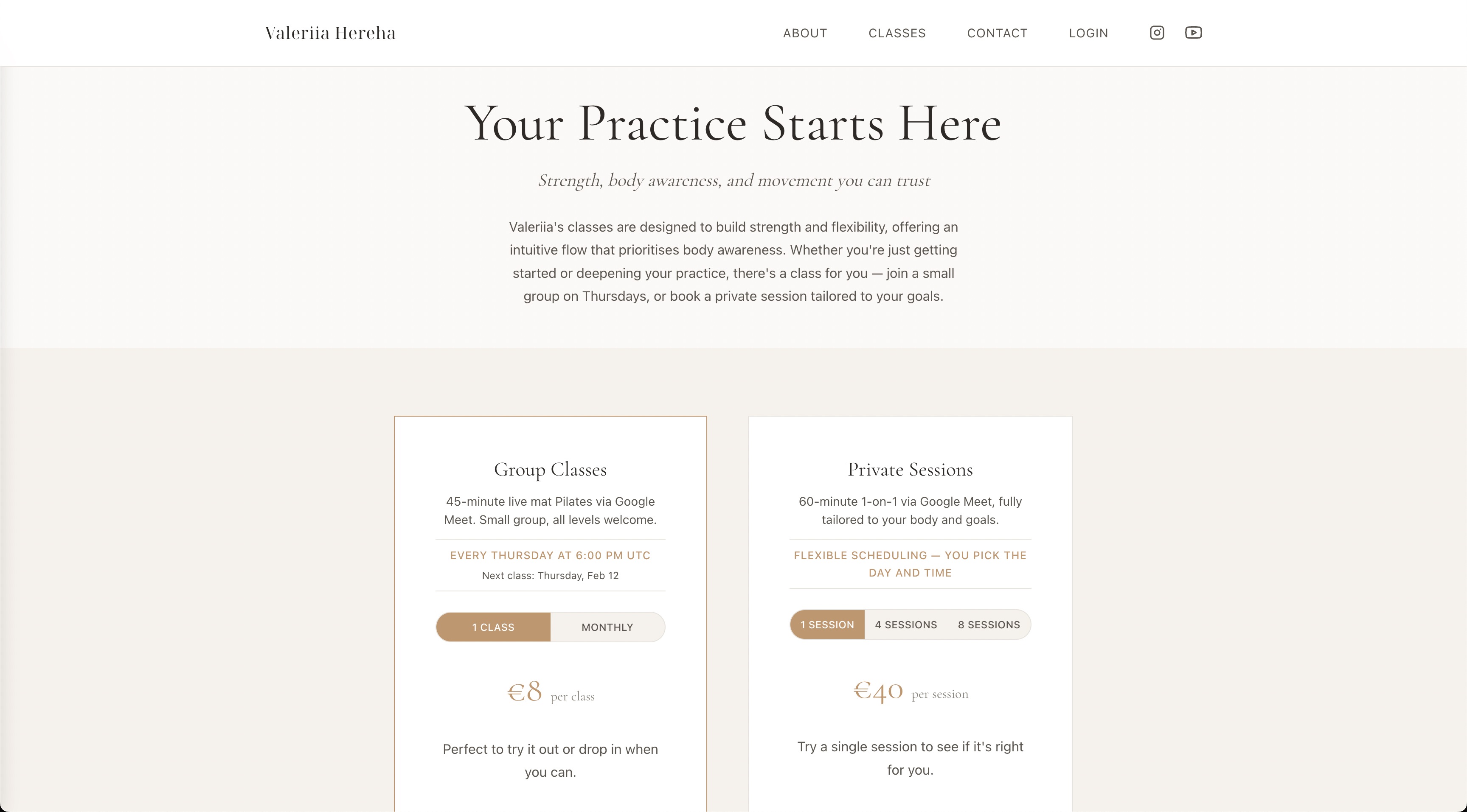 Valeriia Hereha — class booking with group classes and private sessions pricing